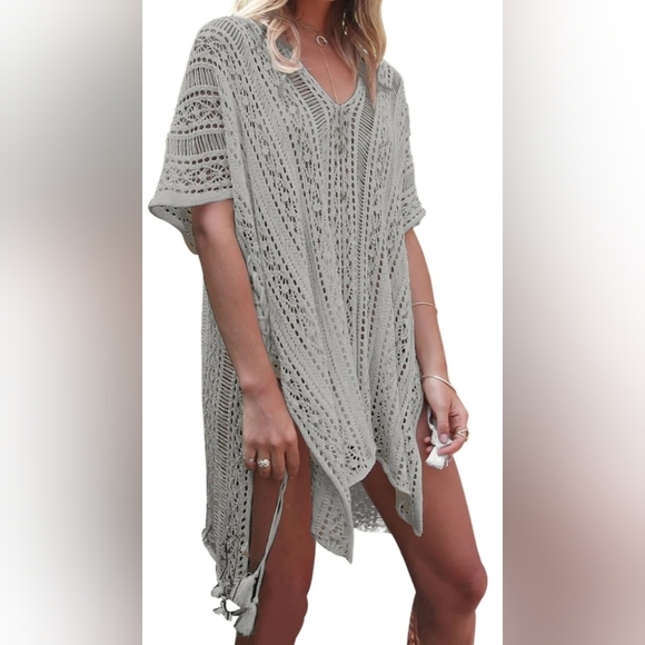 Womens Crochet Cover Up Half Sleeves Lace Knitted Tassel Tie Kimono Beachwear OS - Picture 12 of 12